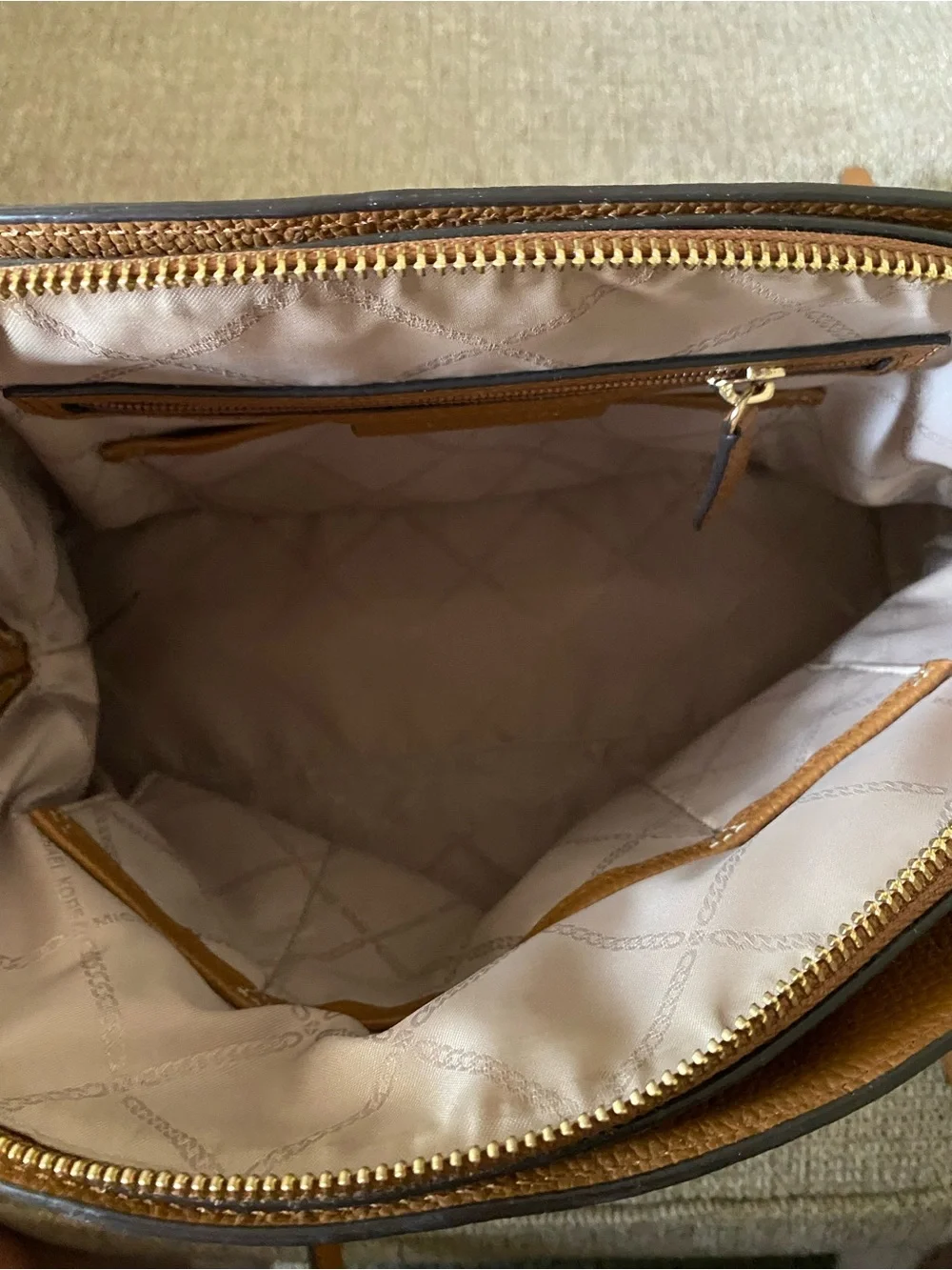 Michael Kors Signature Dome Satchel in Vanilla and Acorn Brown